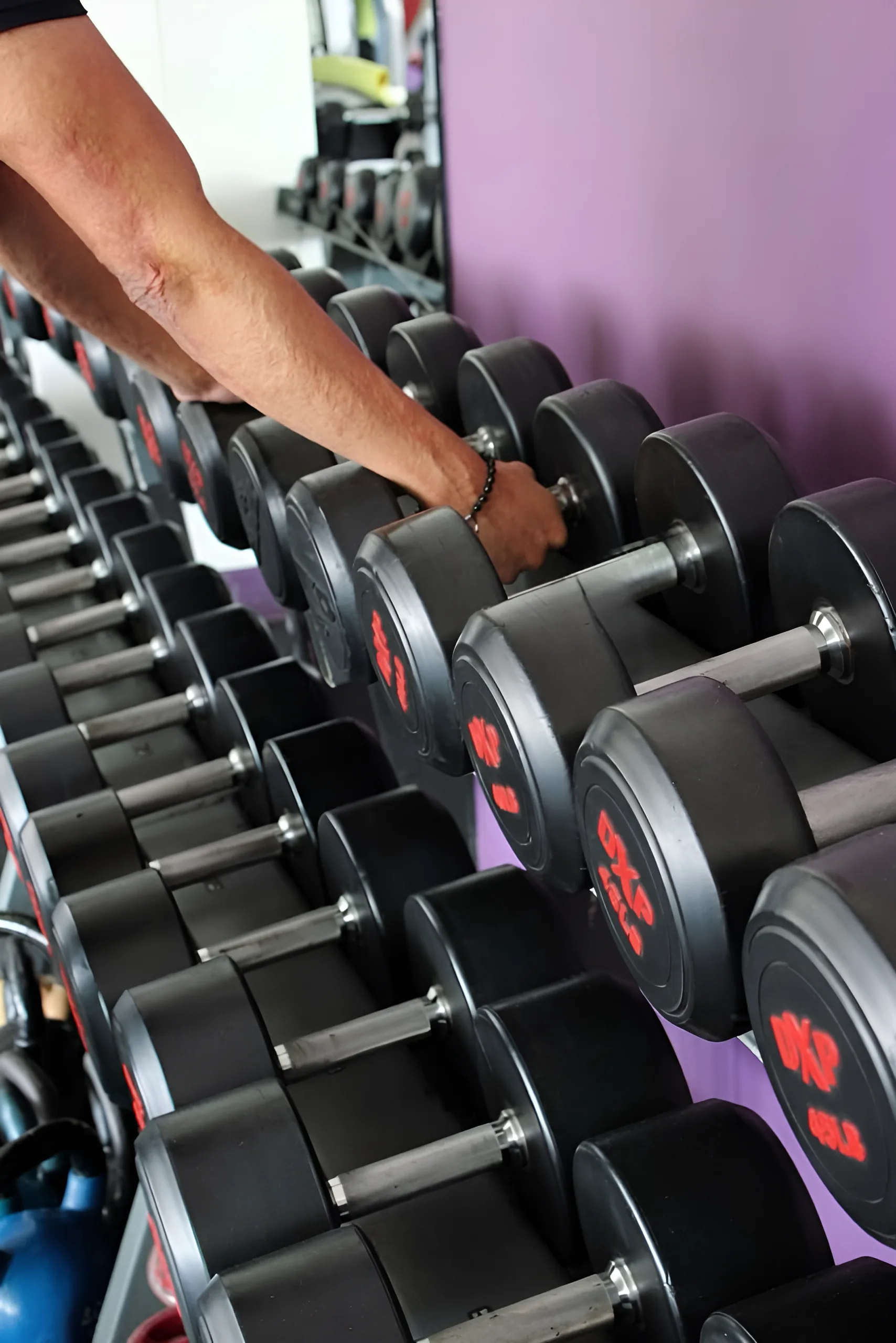 Weight room with dumbbell racks at Cabo Fitness Club